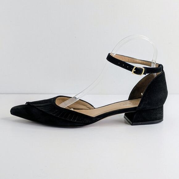 M. Gemi Shoes Womens 40 Black Suede Fringe Pointy Toe Ankle Strap Low Heel - Picture 9 of 14